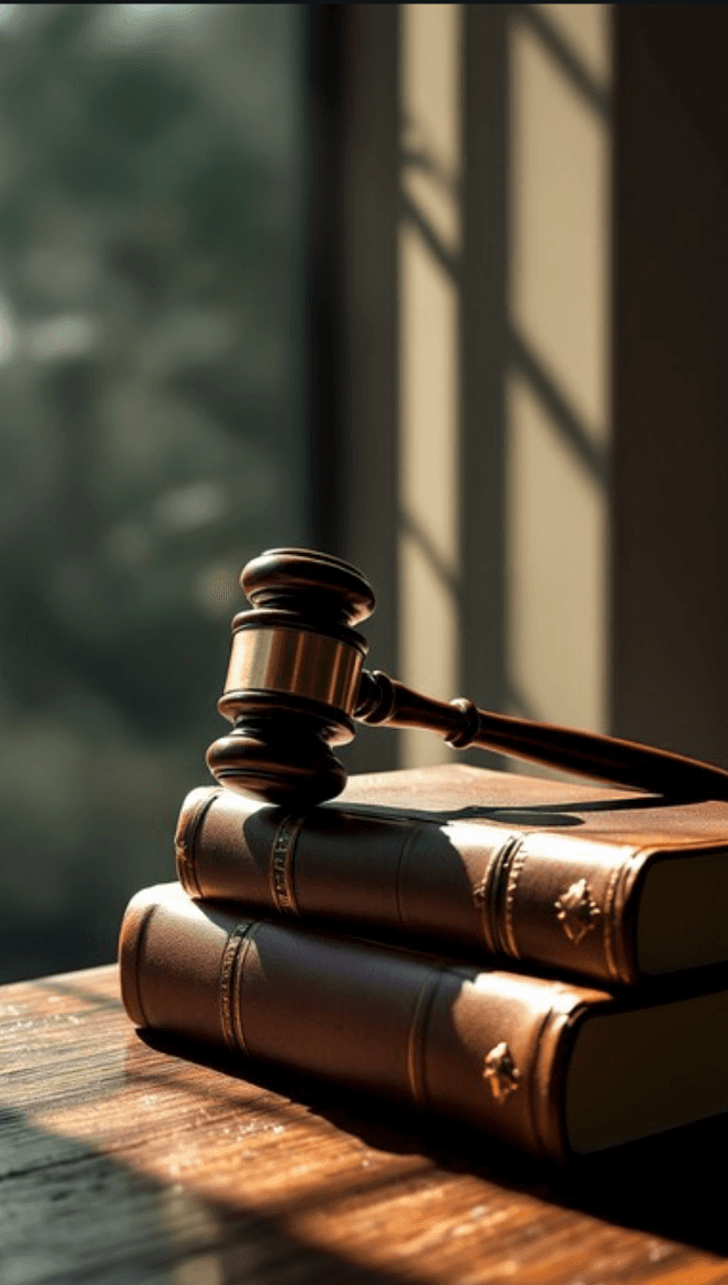 A wooden gavel resting on a pair of leather-bound law books in warm window light