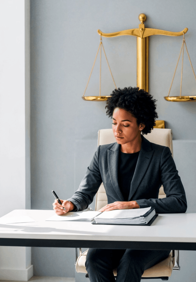 An FGL Legal counsel reviewing documents at her desk beneath the scales of justice