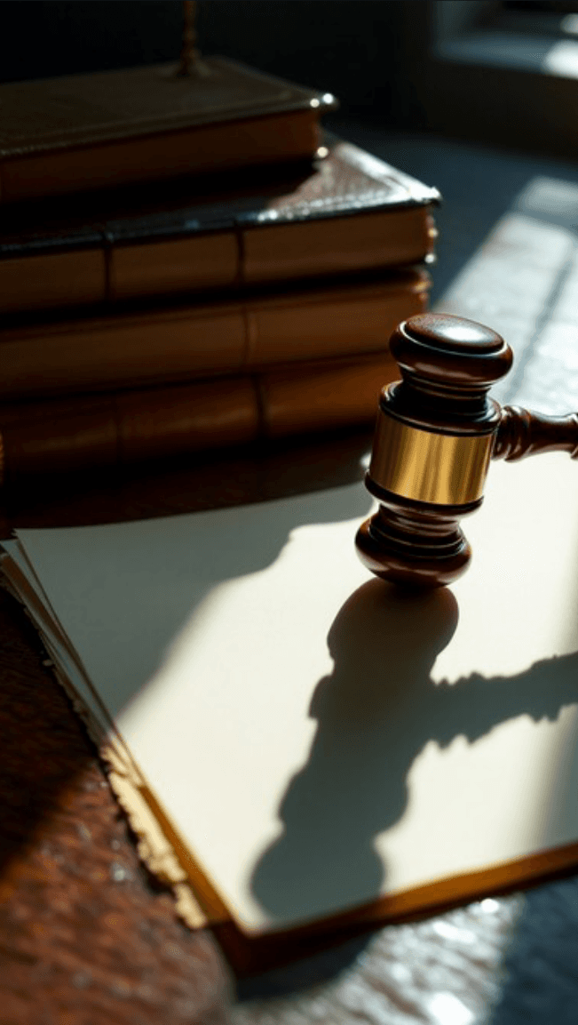 A gavel resting beside a stack of leather-bound law books